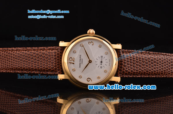 Patek Philippe Calatrava Swiss ETA 2836 Automatic Yellow Gold Case with White Dial Diamond Markers and Brown Leather Strap - Click Image to Close